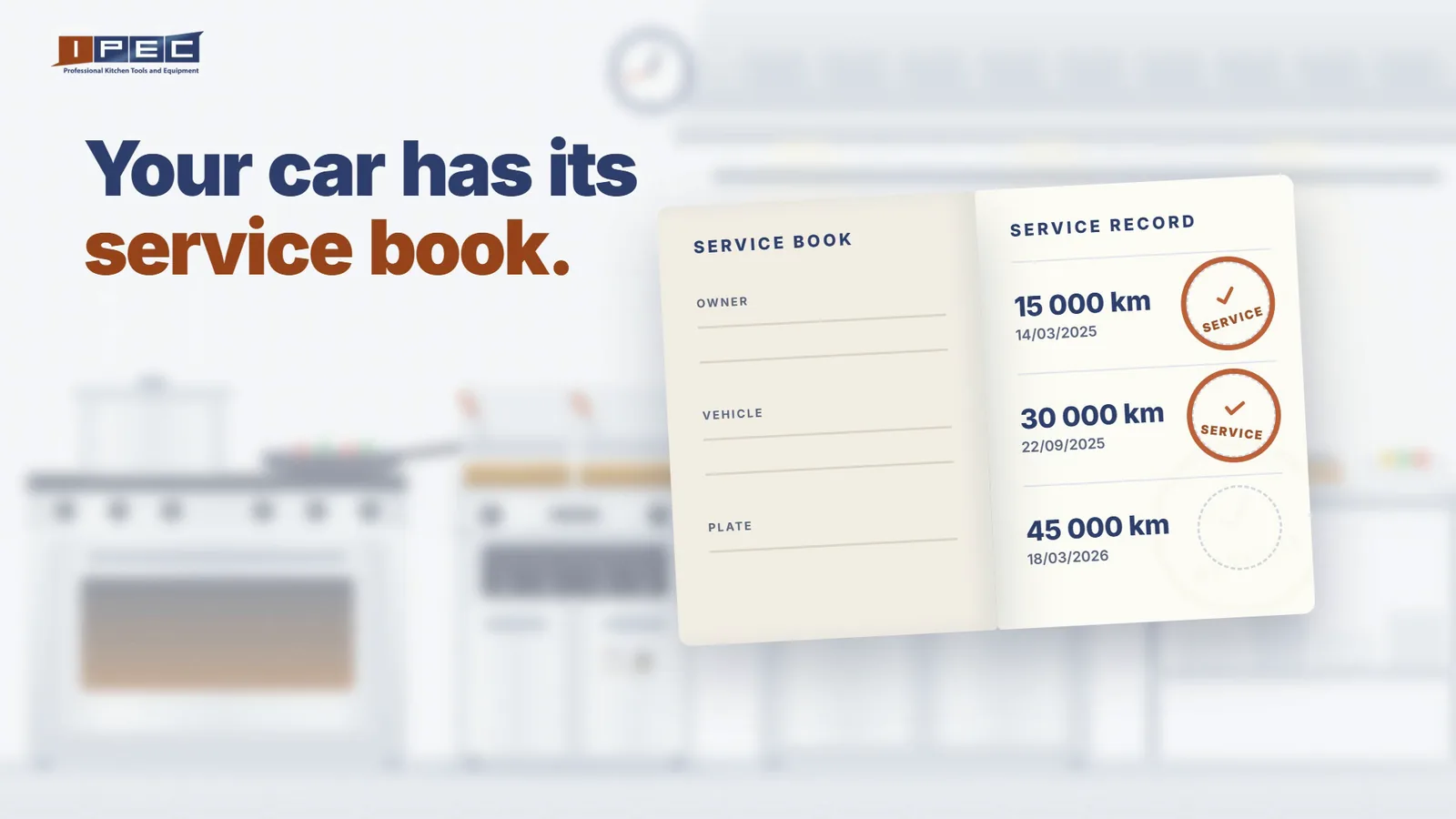 An open car service book with three stamped services, from the IPEC maintenance portal ad