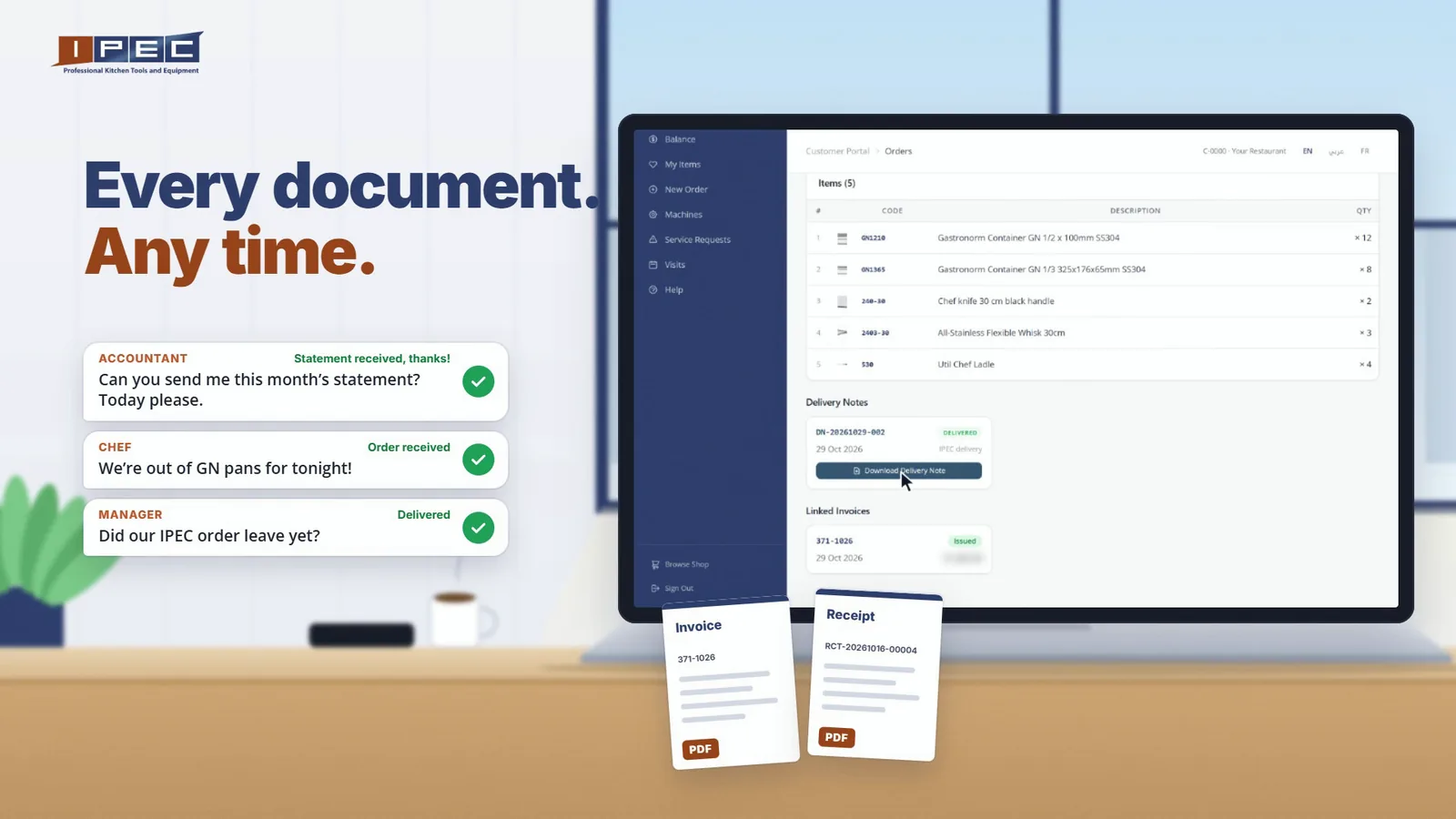 An order in the IPEC portal with its delivery note, invoice and receipt available as PDF