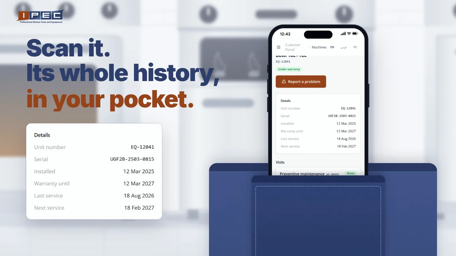 The portal page of a fryer on a phone: unit number, serial, installation date, warranty, last and next service