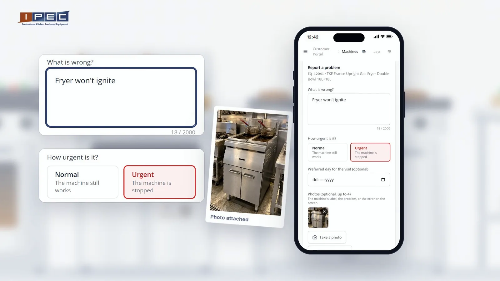 The Report a problem form in the IPEC portal: description, Urgent selected and a photo of the fryer attached