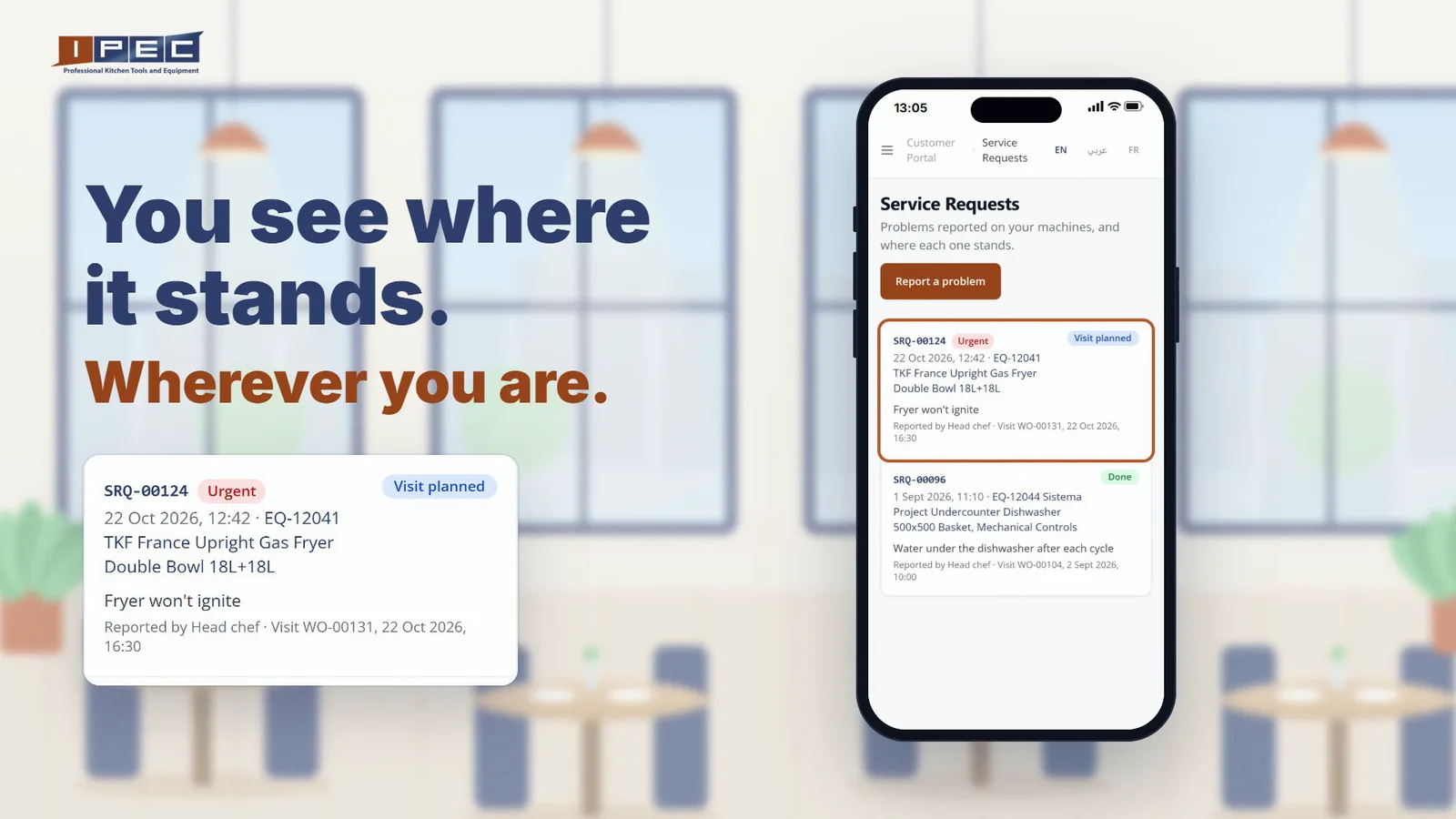 The Service Requests page on a phone: an urgent fryer request with its visit planned, and an earlier request marked done