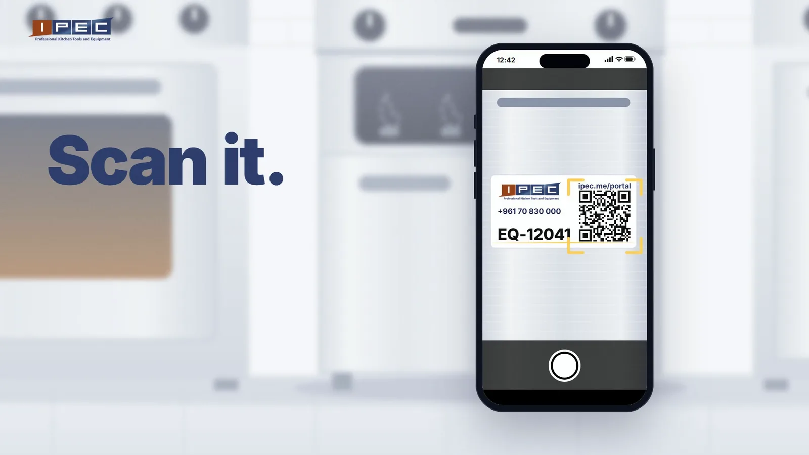 A phone scanning the IPEC QR service sticker of unit EQ-12041 on a fryer